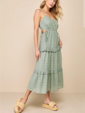 Lulu's Sage Eyelet Tiered Maxi Dress with Side Ties